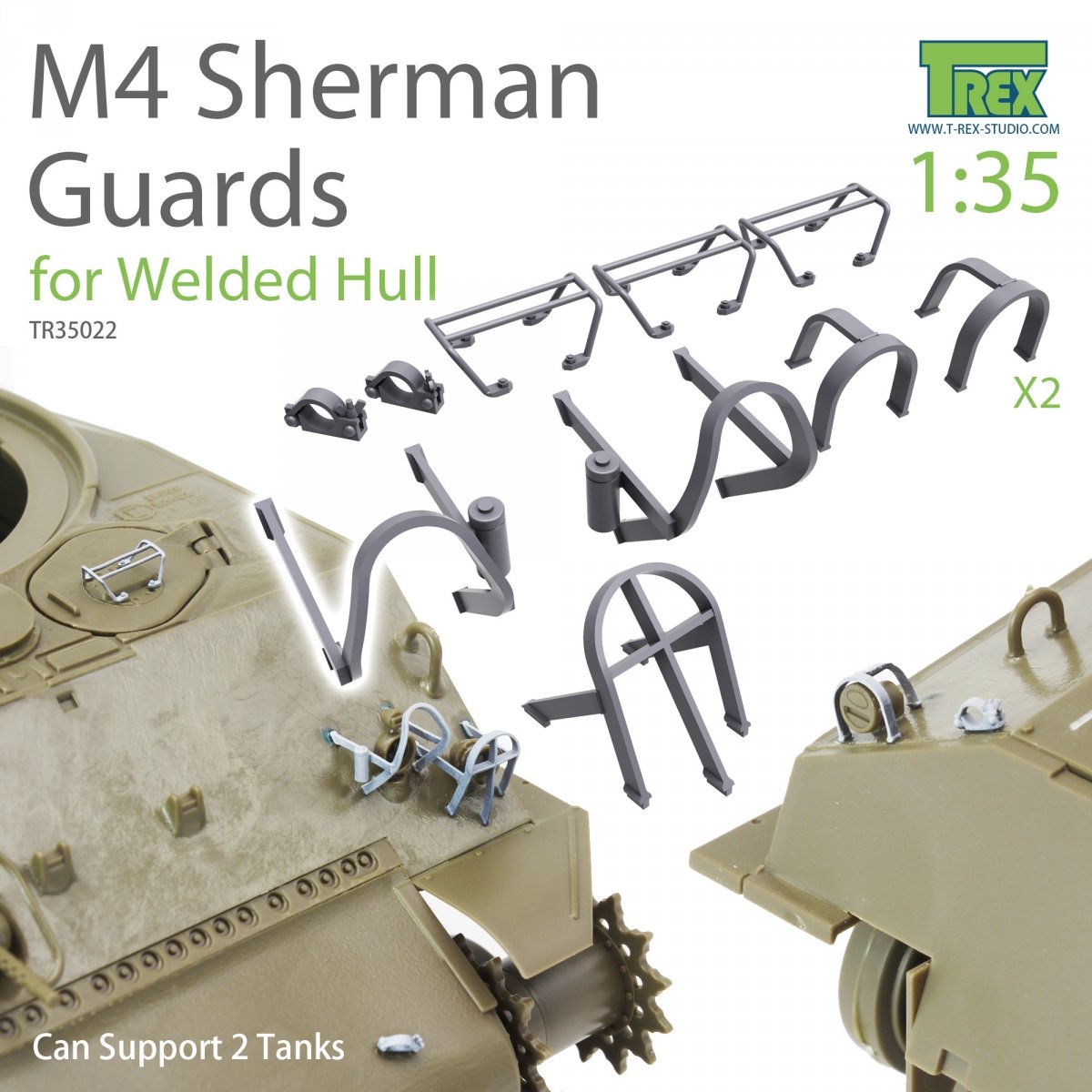Le set de gardes T-Rex Studio TR35022 pour M4 Sherman (pour coque soudée) peut supporter 2 chars à l&amp;#39;échelle 1/35.