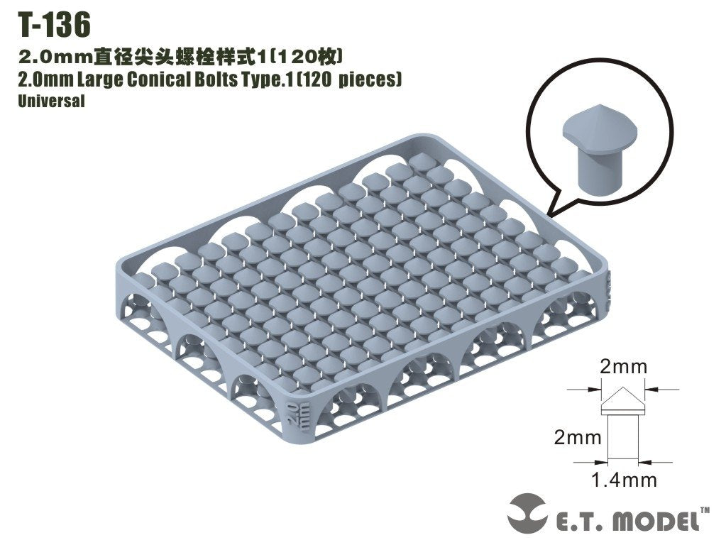Boulons coniques de grande taille ET modèle T-136, 2,0 mm, type 1, 120 pièces