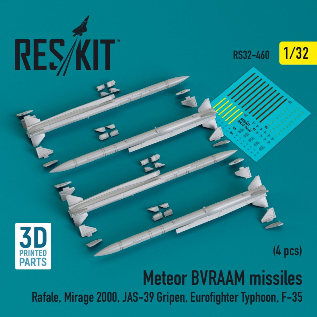 Missiles RESKIT RS32-0460 Meteor BVRAAM (4 pièces) (Impression 3D) 1/32