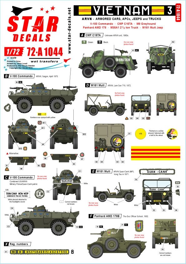 Star Decals 72-A1044 Vietnam 3. CMP C15TA, V-100 Commando, M151 Mutt, Camion M35A1, M8 Greyhound, Panhard AML 178 1/72