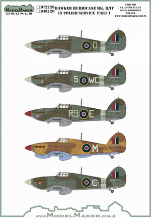 Décalcomanies ModelMaker D48220 Hawker Hurricane Mk.II/IV en service polonais, partie 1, échelle 1/48
