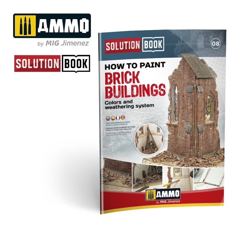 AMMO de Mig Jimenez 6510 : Comment peindre des bâtiments en briques. Solutions pour les couleurs et le système de vieillissement (multilingue)