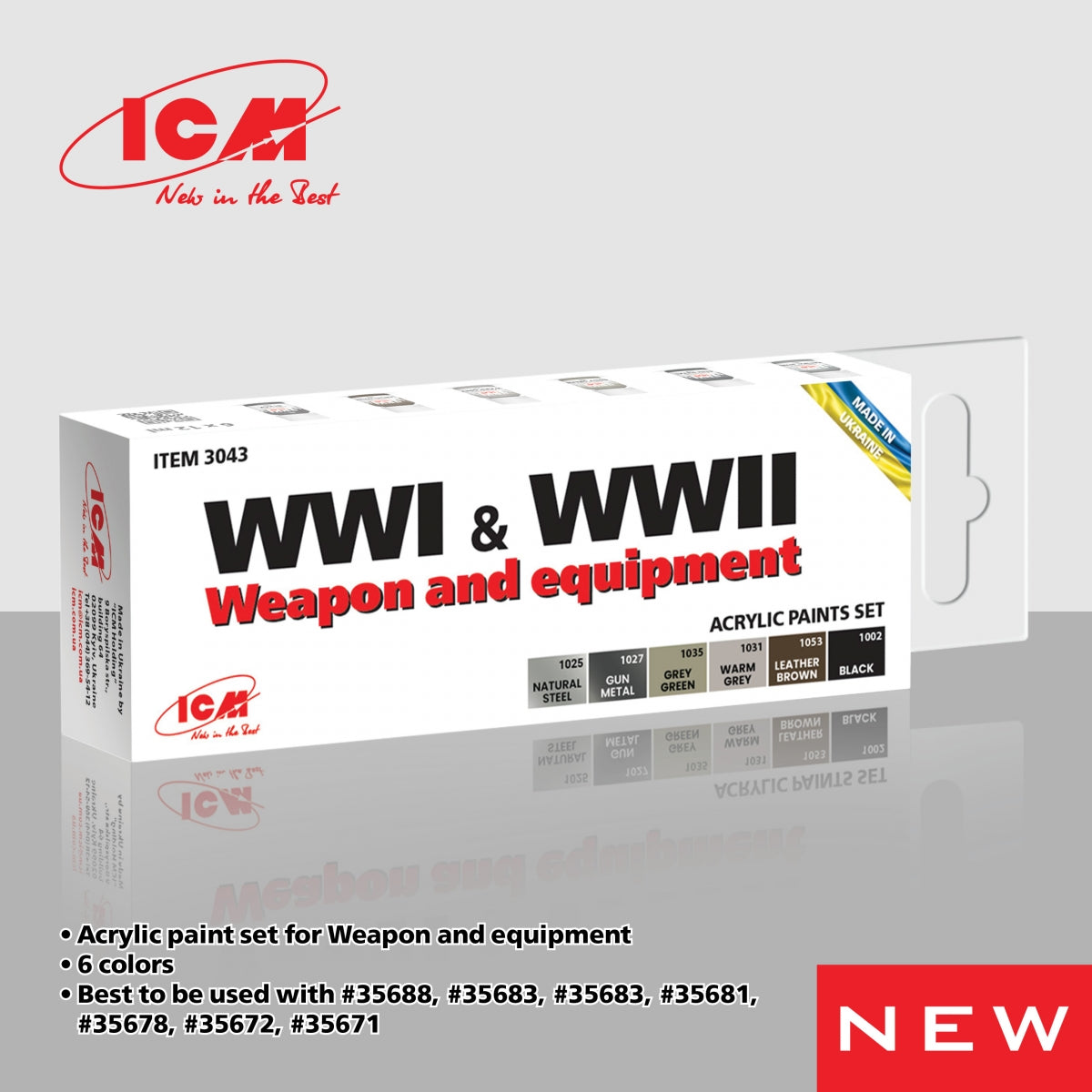 Ensemble de peinture acrylique ICM 3043 pour armes et équipements de la Première et de la Seconde Guerre mondiale