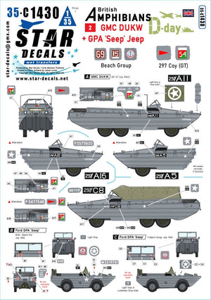 Star Decals 35-C1430 J-Day DUKW + SEEP. Amphibiens britanniques n° 2. 297e compagnie (GT) RASC et groupe de plage. Échelle 1/35