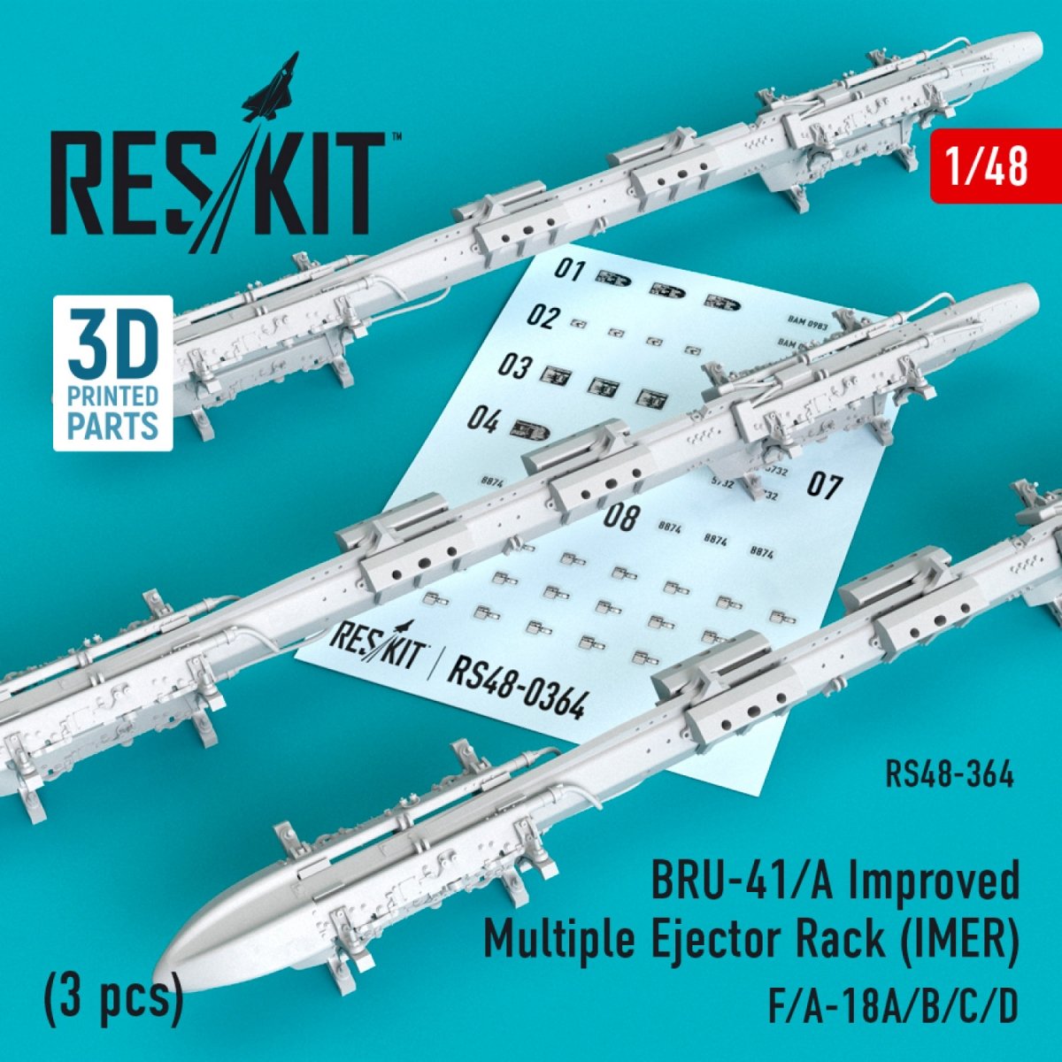 RESKIT RS48-0364 BRU-41/A RACK D'ÉJECTEURS MULTIPLES AMÉLIORÉ (IMER) (3 PIÈCES) 1/48 