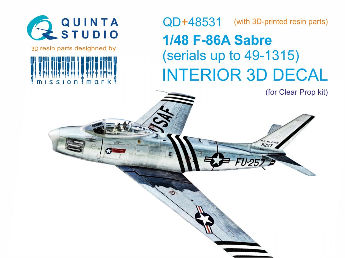 Quinta Studio QD+48531 F-86A Saber 3D-Printed &amp; colored Interior on decal paper (Clear Prop) (with 3D-printed resin parts) 1/48