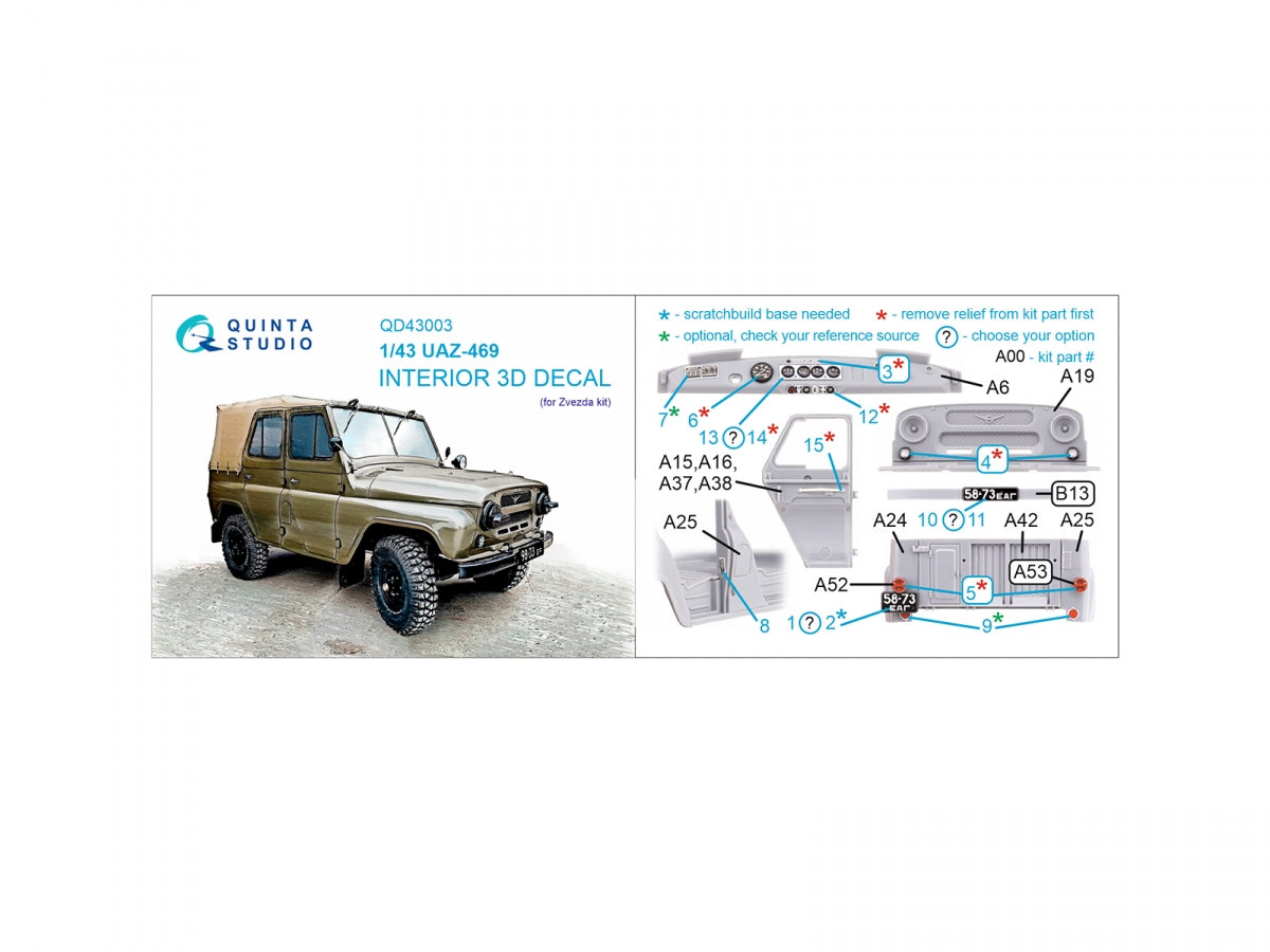 Quinta Studio QD43003 UAZ-469 3D-Printed &amp;amp; coloured Interior on decal paper (Zvezda) 1/43 – zdjęcie 12