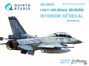 Intérieur imprimé en 3D et coloré sur papier décalcomanie pour le kit Kinetic (QD48045 F-16D (blocs 30/40/50) de Quinta Studio) à l&amp;#39;échelle 1/48