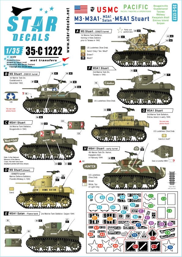 Star Decals 35-C1222 M3, M3A1, M3A1 Satan et M5A1 Stuart. Corps des Marines des États-Unis, échelle 1/35
