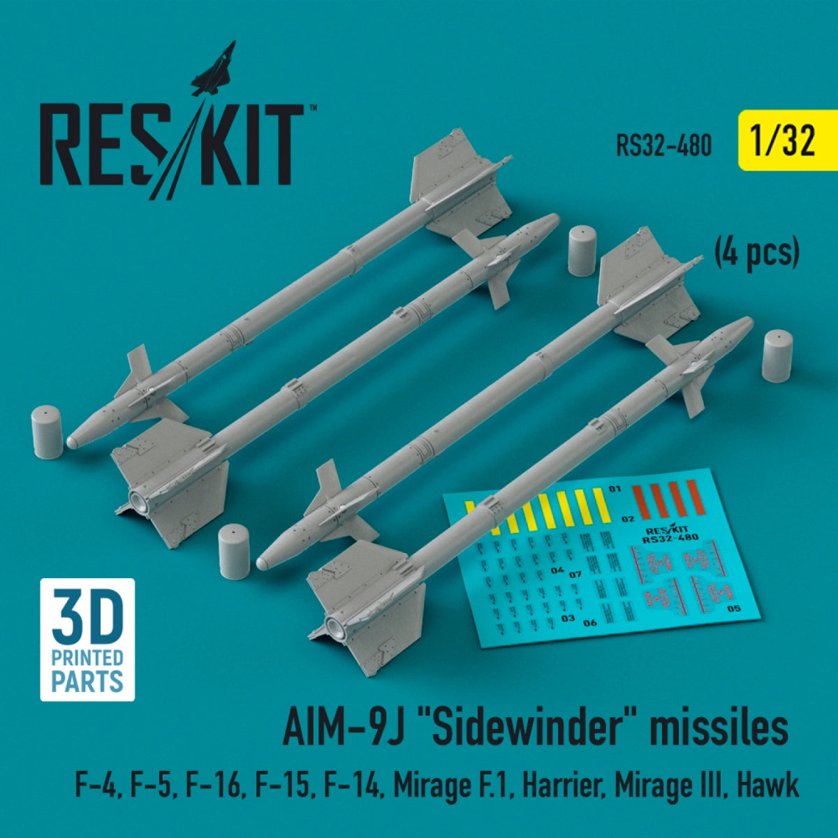 Missiles AIM-9J « Sidewinder » RESKIT RS32-0480 (4 pièces) (Impression 3D) 1/32