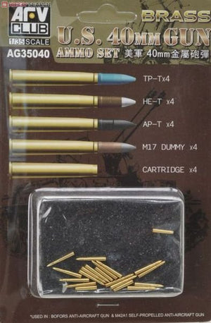 AFV Club AG35040 Coffret de munitions en laiton pour obusier Bofors de 40 mm. Comprend : 4 obus TP-T, 4 obus HE-T, 4 obus AP-T, 4 obus factices M17 et 4 cartouches (échelle 1/35).