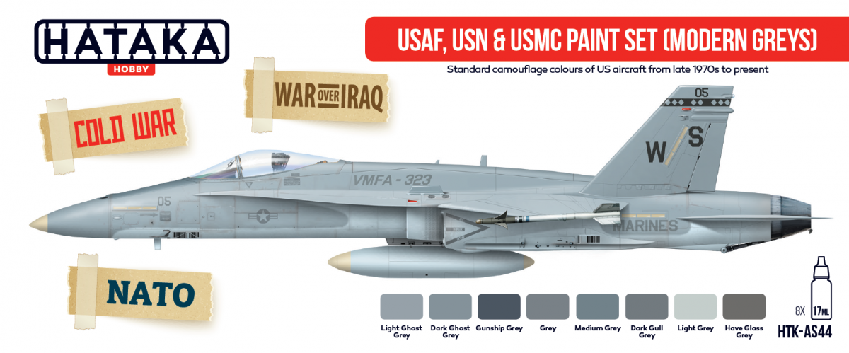 Ensemble de peinture Hataka HTK-AS44 USAF, USN USMC (gris modernes) (8x17ml)