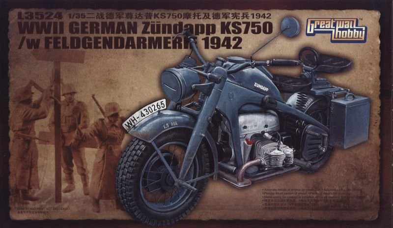 Maquette Great Wall Hobby L3524 : Zundapp KS750 allemand de la Seconde Guerre mondiale avec Feldgendarmerie, 1942, échelle 1/35 