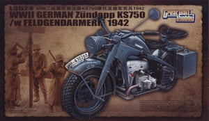 Maquette Great Wall Hobby L3524 : Zundapp KS750 allemand de la Seconde Guerre mondiale avec Feldgendarmerie, 1942, échelle 1/35