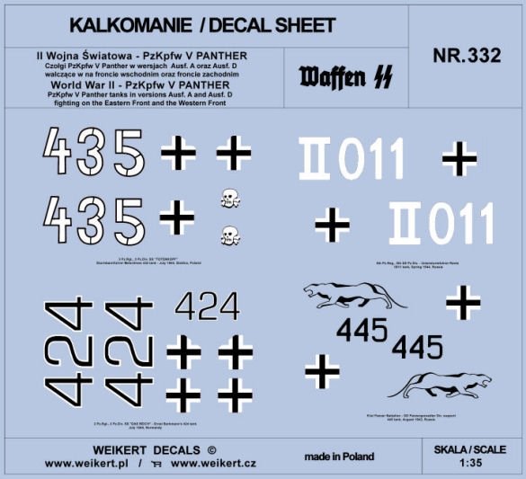 Weikert Decals DEC332 PzKpfw V Panther - Ausf. A et Ausf. Chars D - Fronts Est et Ouest 1/35 