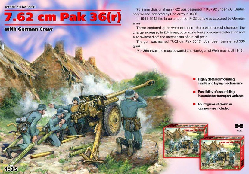 ICM 35801 7.62 cm Pak 36 (r) with German Crew (4 figures) (1/35)