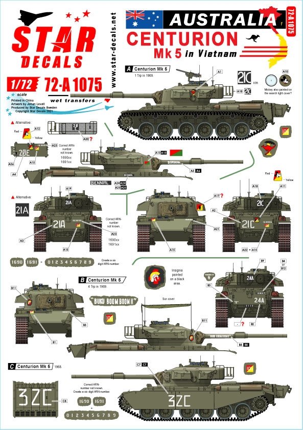 Star Decals 72-A1075 Australie au Vietnam n° 1. Centurion Mk 5 australien. Échelle 1/72
