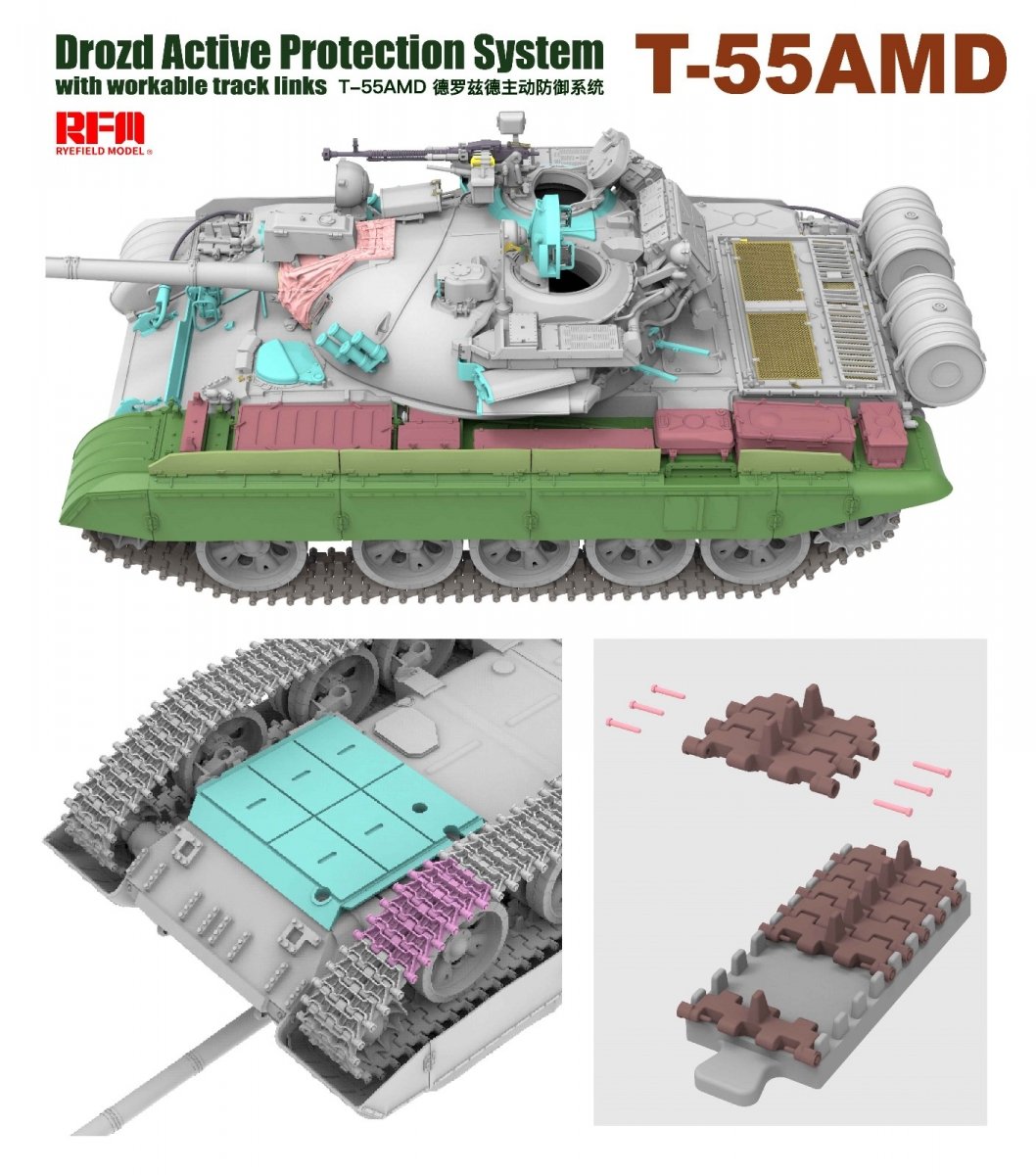 Maquette Rye Field 5091 T-55AMD Drozd APS avec chenilles fonctionnelles, échelle 1/35 – image 4