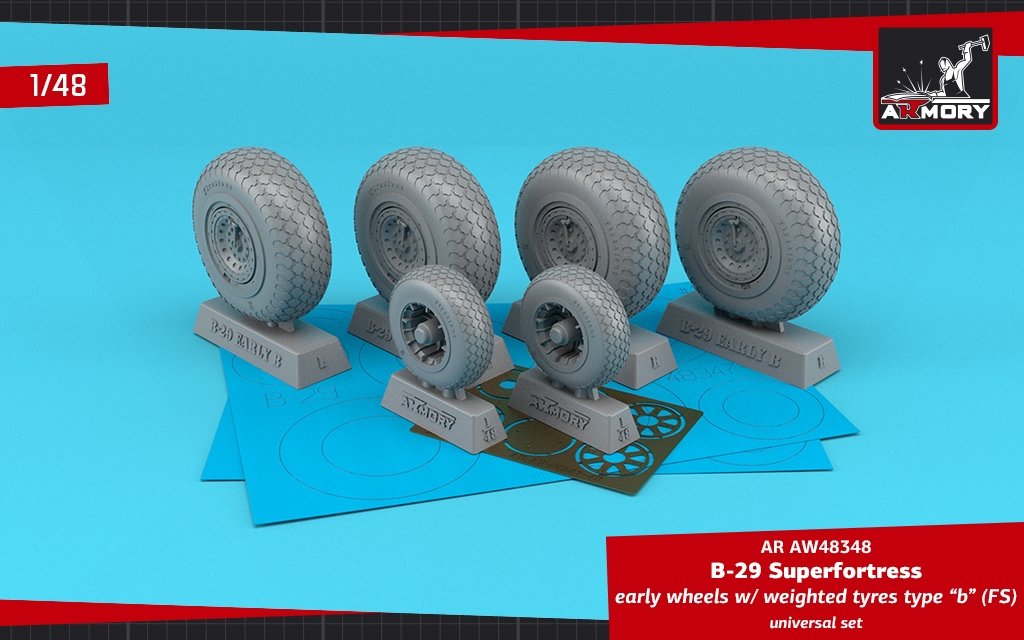 Armory Models AW48348 B-29 Superfortress roues de première production avec pneus lestés type « b » (FS) et enjoliveurs en photodécoupe 1/48
