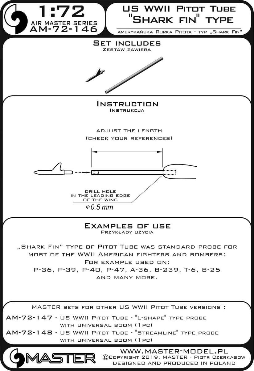 Tube Pitot américain Master AM-72-146 de la Seconde Guerre mondiale - Type « aileron de requin » (1 pièce) - utilisé sur les P-36, P-39, P-40, P-47, A-36, B-239, T-6, B-25 et bien d&amp;#39;autres - Échelle 1/72 – Bild 4