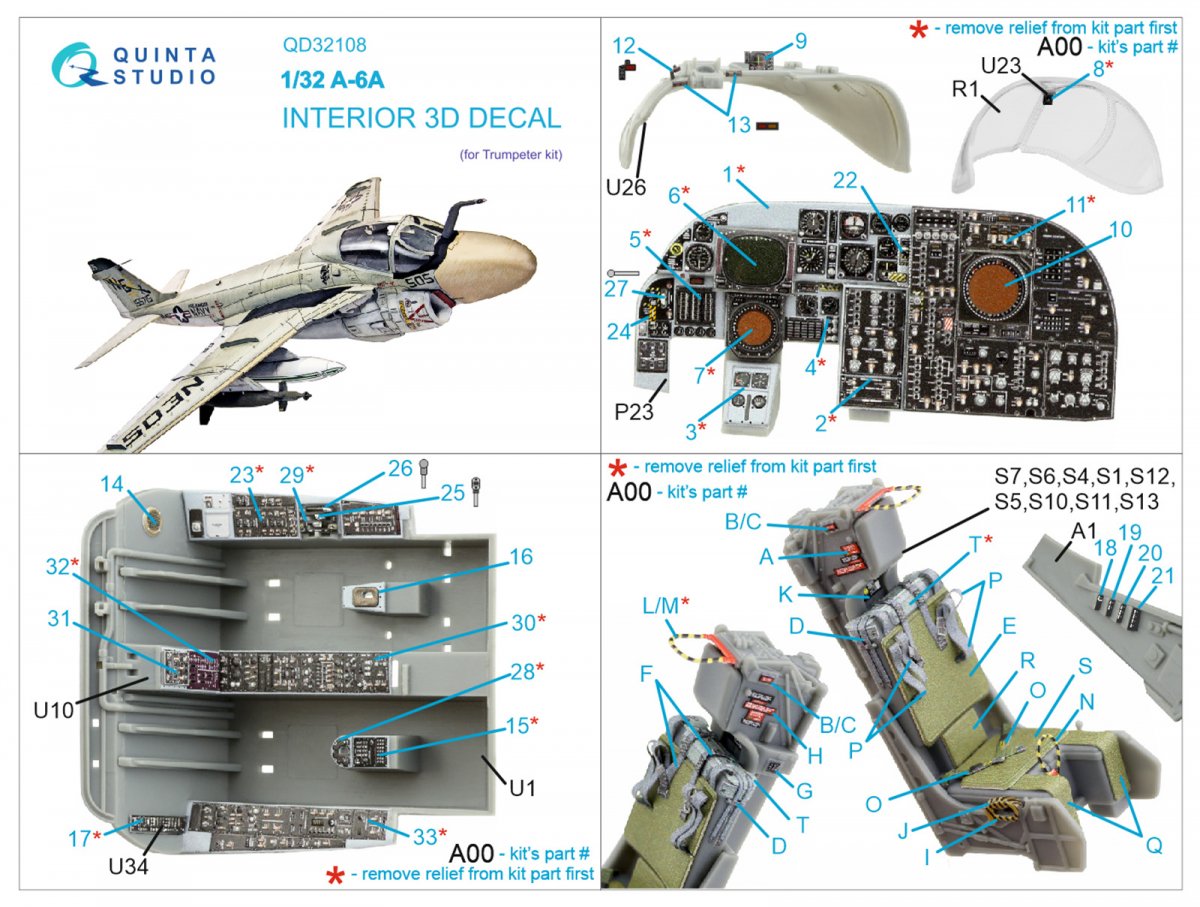 Intérieur imprimé en 3D et coloré sur papier décalcomanie Quinta Studio QD32108 A-6A Intruder (Trumpeter) 1/32 – Bild 12