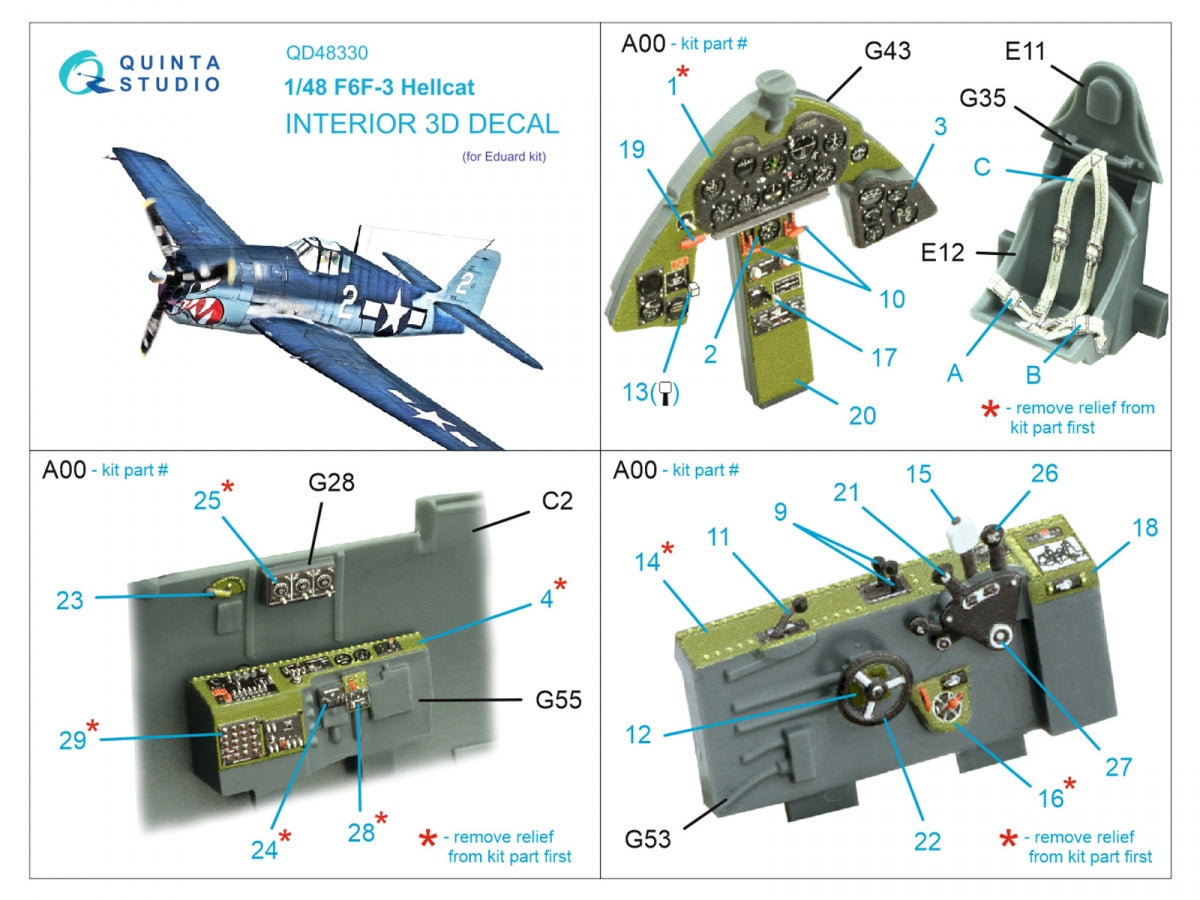 Intérieur imprimé en 3D et coloré sur papier décalcomanie Quinta Studio QD48330 F6F-3 Hellcat (Eduard) 1/48 – image 2