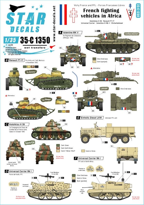 Star Decals 35-C1350 Véhicules de combat français en Afrique 3. La France de Vichy et les FFL - Forces Françaises Libres 1/35