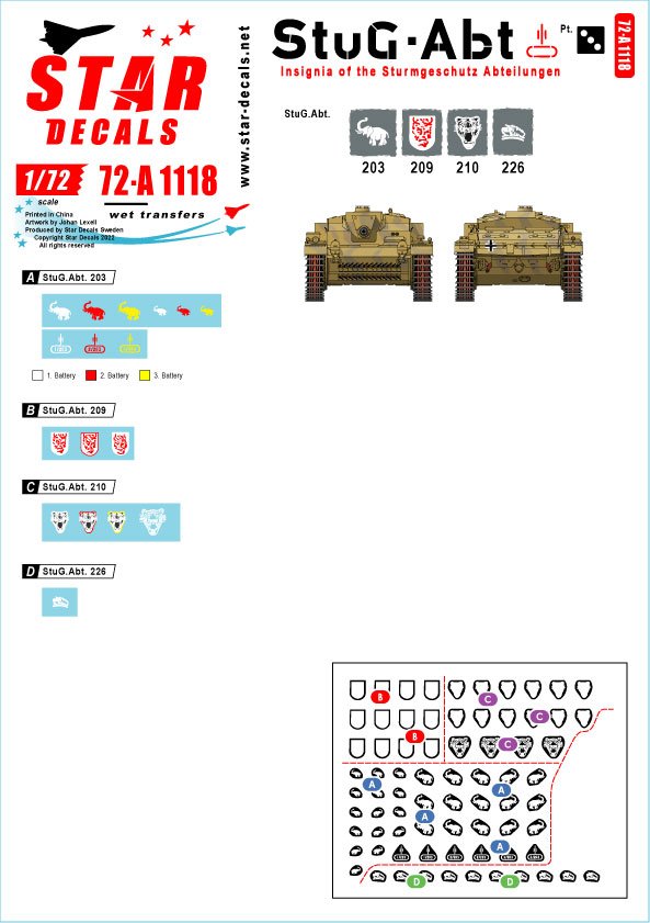 Star Decals 72-A1118 StuG-Abt #3 Insignes génériques et marquages ​​d'unité pour les unités Sturmgeschutz. StuG-Abt 203, 209, 210, 245 1/72