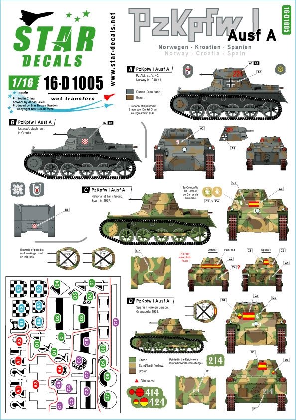 Star Decals 16-D1005 PzKpfw I Ausf A allemand 1/16