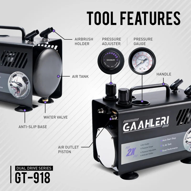 Gaahleri 43127 Dual Drive Series Airbrush Kit Compressor GT-918 – image 8