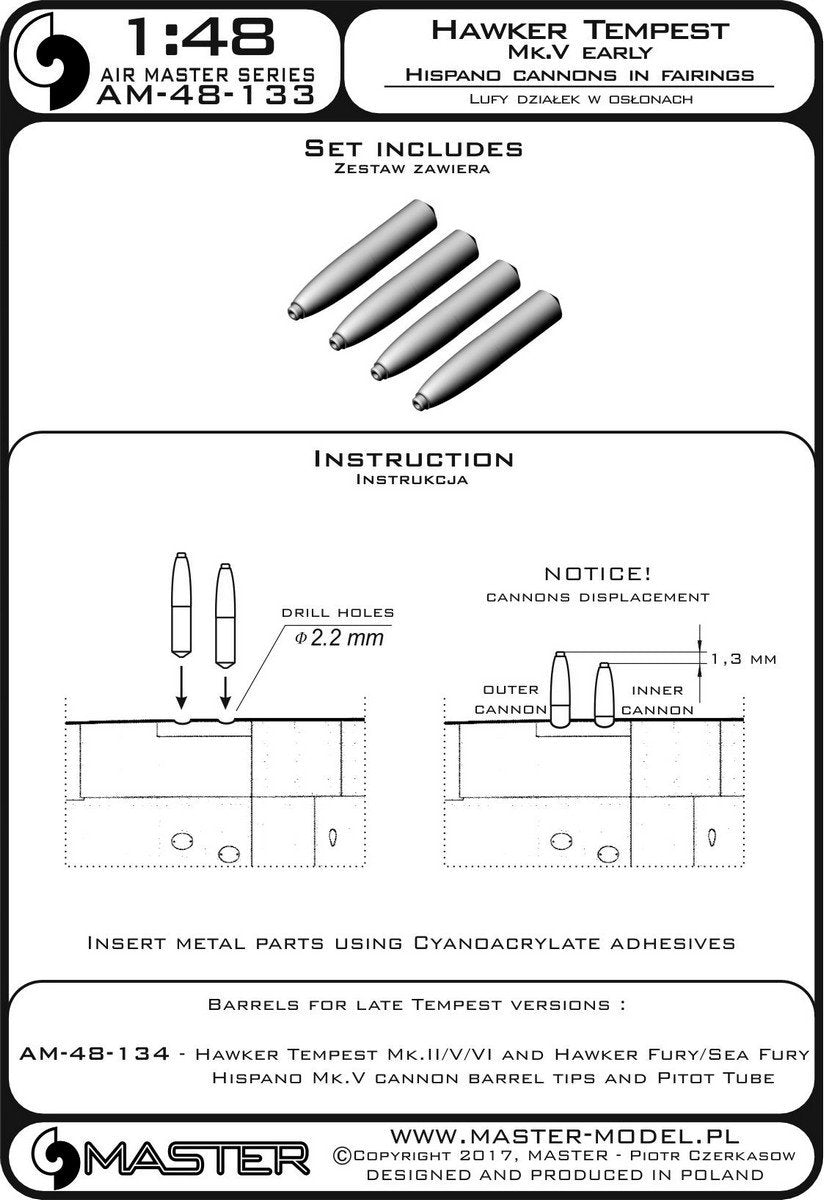 Master AM-48-133 Hawker Tempest Mk.V version initiale - Canons Hispano de 20 mm sous carénages (4 pièces) (1/48) – imagen 3