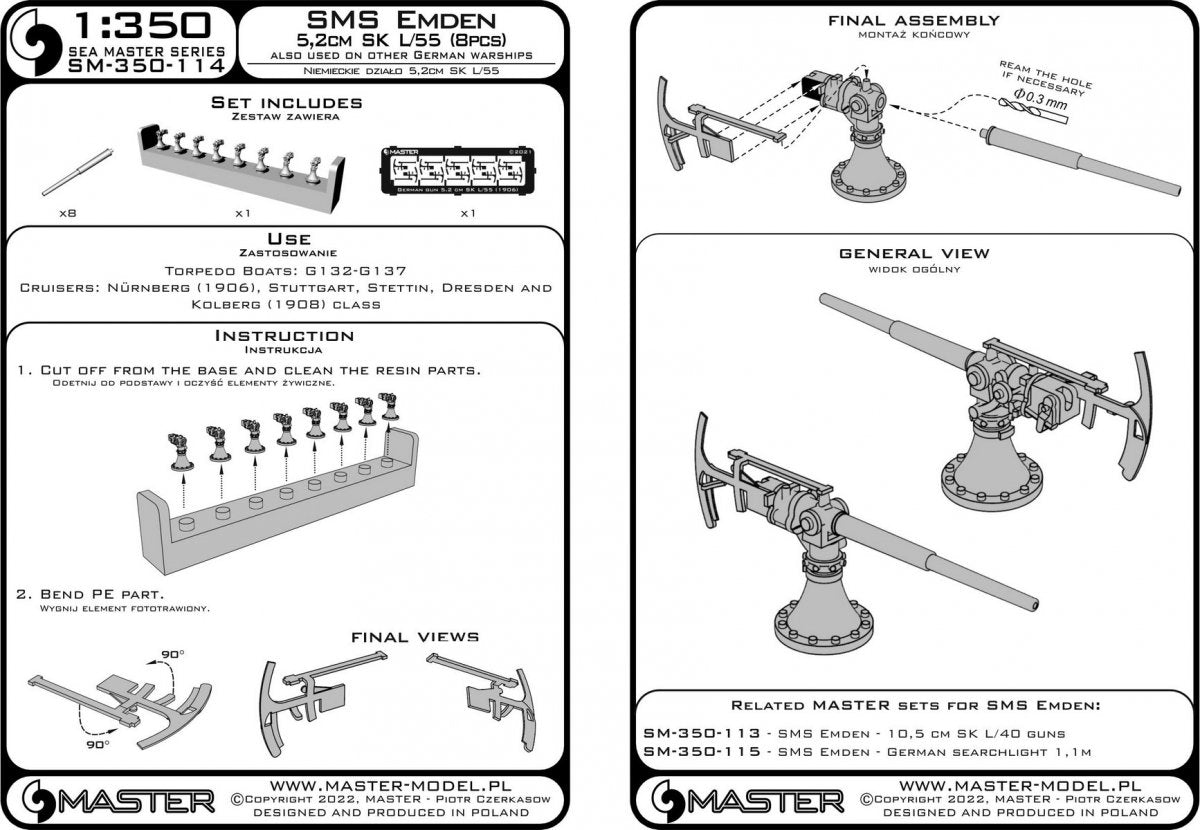 Master SM-350-114 SMS Emden - Canons SK L/55 de 5,2 cm à l&amp;#39;échelle 1/350 – immagine 7