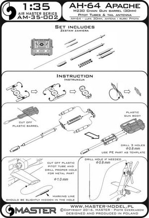 Master AM-35-002 AH-64 Apache - Canon mitrailleur M230 (30 mm), tubes Pitot et antenne de queue (résine, photodécoupe et pièces tournées) 1/35 – image 6