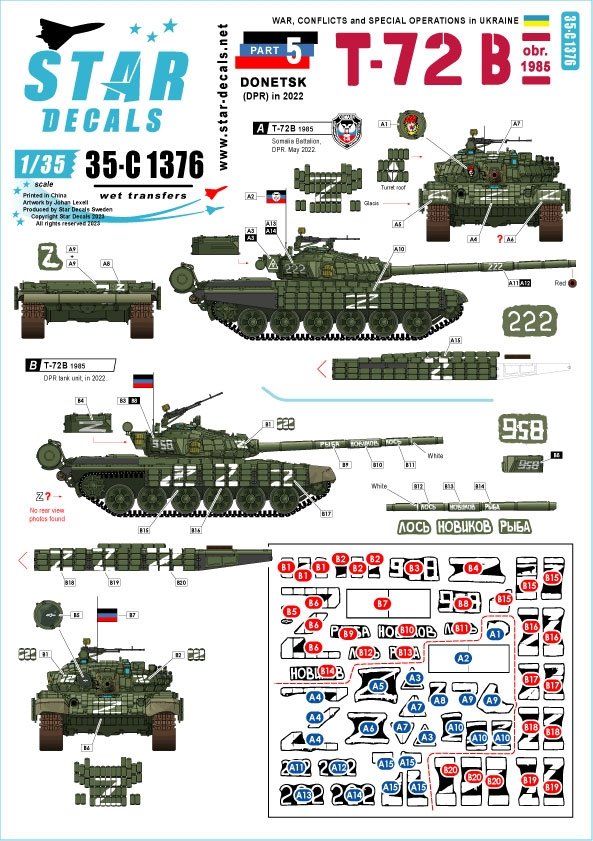 Star Decals 35-C1376 Guerre en Ukraine n° 5 T-72 B rév. 1986 1/35