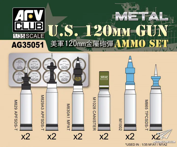 AFV Club AG35051 Ensemble de munitions américaines de 120 mm au 1/35