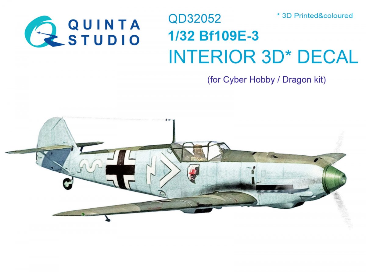 Intérieur imprimé en 3D et coloré sur papier décalcomanie Quinta Studio QD32052 Bf 109E-3 (pour maquette Cyber-hobby/Dragon) 1/32