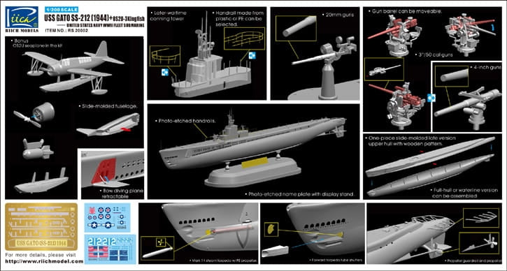 Maquettes Rich Models 20002 USS Gato SS-212 1944 + OS2U Kingfisher 1/200  – immagine 3
