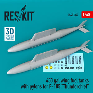 RESKIT RS48-0397 Réservoirs de carburant d&amp;#39;aile de 450 gallons avec pylônes pour F-105 « THUNDERCHIEF » (2 pièces) 1/48
