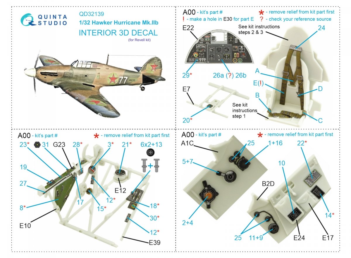 Intérieur imprimé en 3D et coloré sur papier décalcomanie (Revell) pour le Hawker Hurricane Mk.IIb (Quinta Studio QD32139), échelle 1/32 – Bild 12