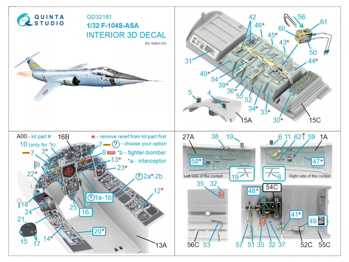 Intérieur coloré imprimé en 3D sur papier décalcomanie Quinta Studio QD32181 F-104S-ASA (Italeri) 1/32 – imagen 7