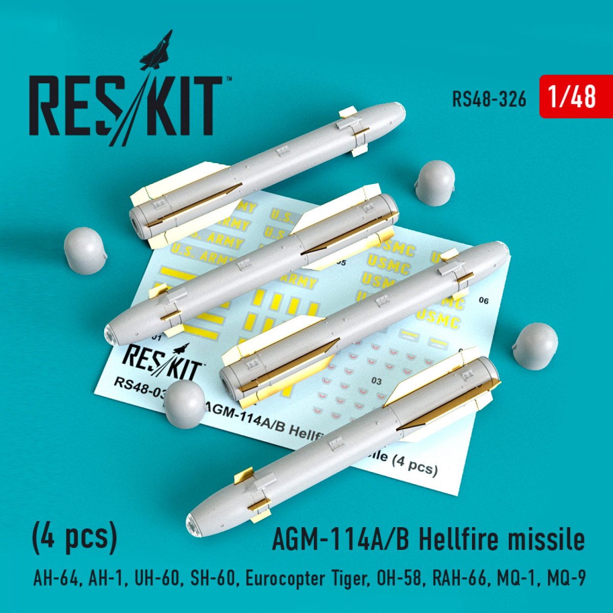 RESKIT RS48-0326 MISSILES HELLFIRE AGM-114A/B (4 PIÈCES) 1/48