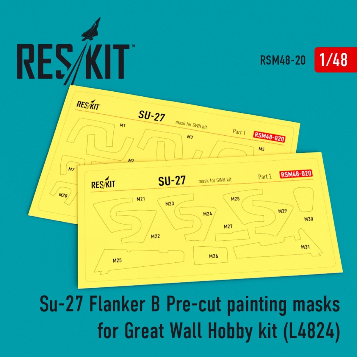 Masques de peinture prédécoupés RESKIT RSM48-0020 SU-27 pour kit GWH L4824 au 1/48