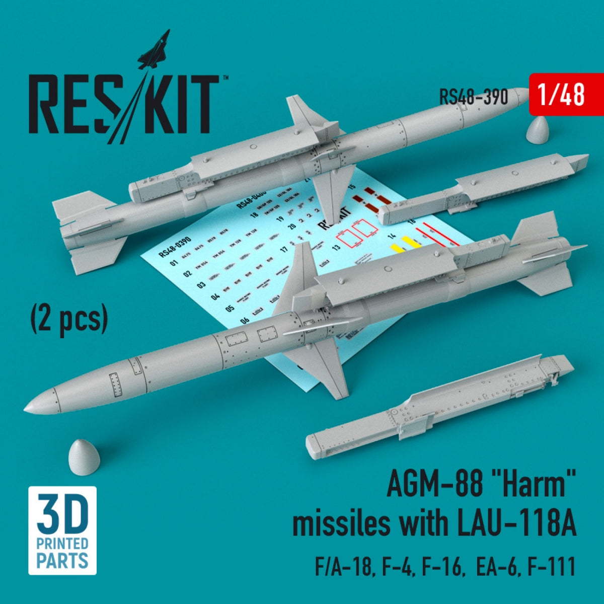 RESKIT RS48-0390 MISSILES AGM-88 « HARM » AVEC LAU-118A (2 PIÈCES) (F/A-18, F-4, F-16, EA-6, F-111) 1/48