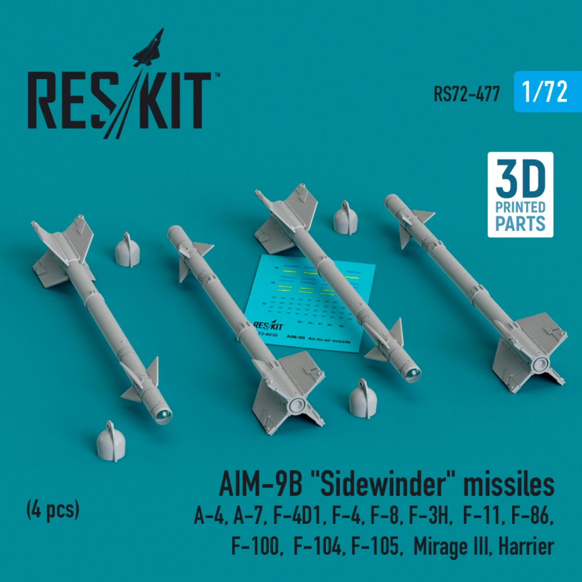 Missiles AIM-9B « Sidewinder » RESKIT RS72-0477 (4 pièces) (Impression 3D) 1/72