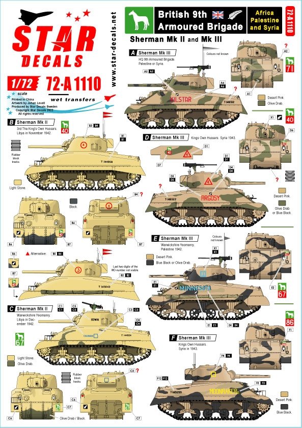 Star Decals 72-A1110 9e division blindée britannique. Afrique, Palestine et Syrie 1/72