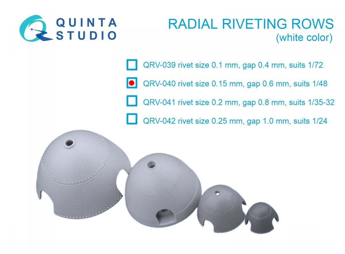 Rangées de rivetage radiales Quinta Studio QRV-040 (taille des rivets : 0,15 mm, écartement : 0,6 mm, échelle : 1/48), couleur blanche. 