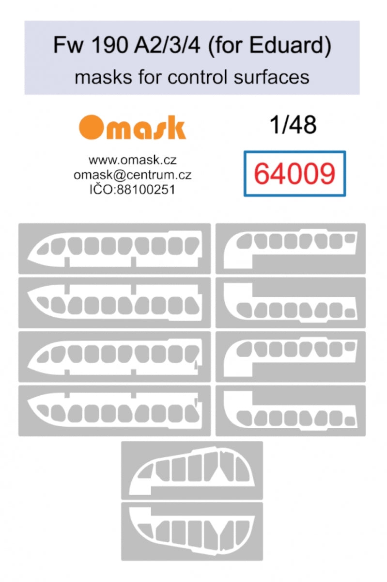 Masques Omask 64009 Bf Fw 190 A2/3/4 pour surfaces de contrôle (pour Eduard) 1/48