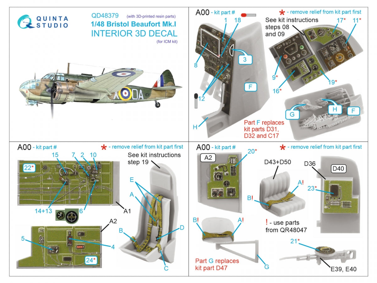 Quinta Studio QD+48379 Bristol Beaufort Mk.I Intérieur imprimé en 3D et coloré sur papier décalcomanie (ICM) (avec pièces en résine imprimées en 3D) 1/48 – immagine 2