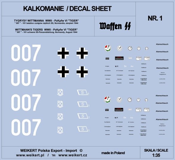 Weikert Decals DEC201 TIGER I - tank 007 - 101st SS Heavy Tank Battalion, Normandy, August 1944 - vol.1 1/35
