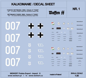 Weikert Decals DEC201 TIGER I - tank 007 - 101st SS Heavy Tank Battalion, Normandie, Août 1944 - vol.1 1/35